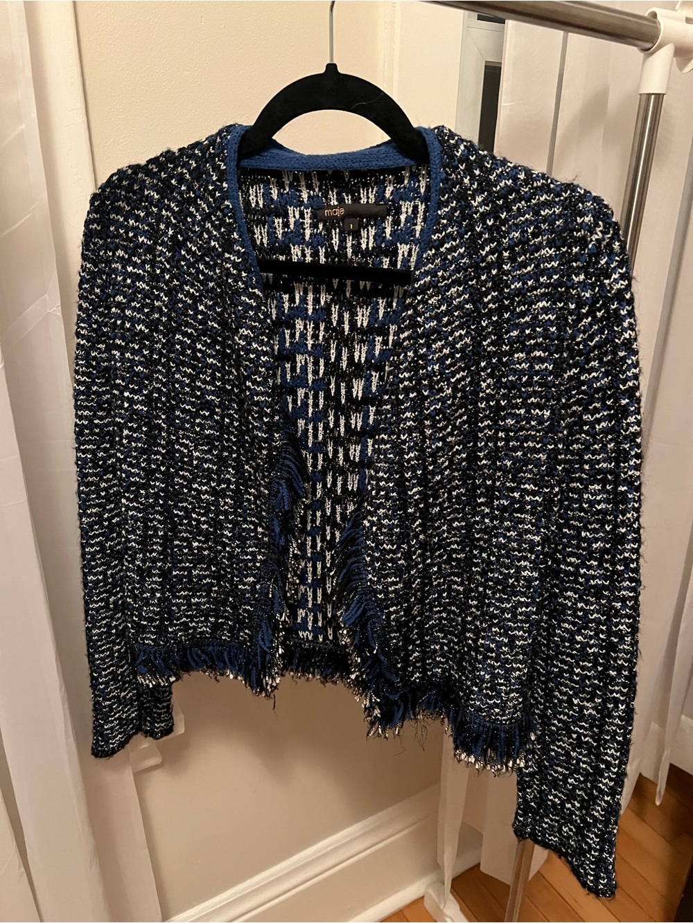 Maje Navy and White Tweed Fringe Open Cardigan